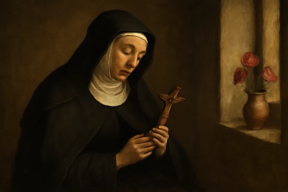 Oil-painting-style illustration of St. Rita of Cascia in her black Augustinian habit, contemplating a crucifix held in her hands