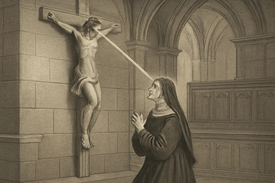 Engraving-style illustration of St. Rita kneeling before a crucifix as a ray from the crown of thorns touches her forehead