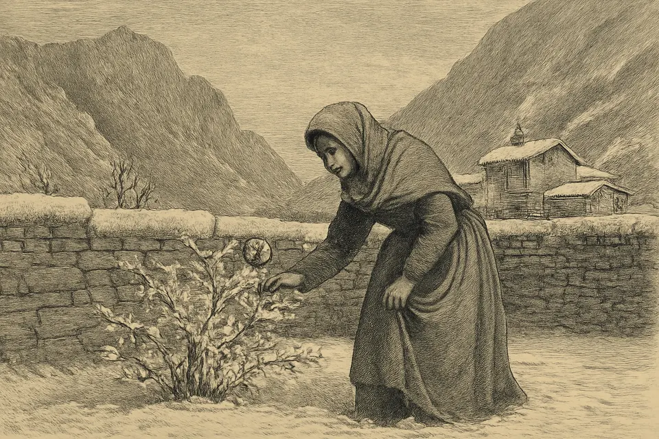 Engraving-style illustration of a young woman in a winter garden in Roccaporena picking a single red rose from a bare bush covered in snow