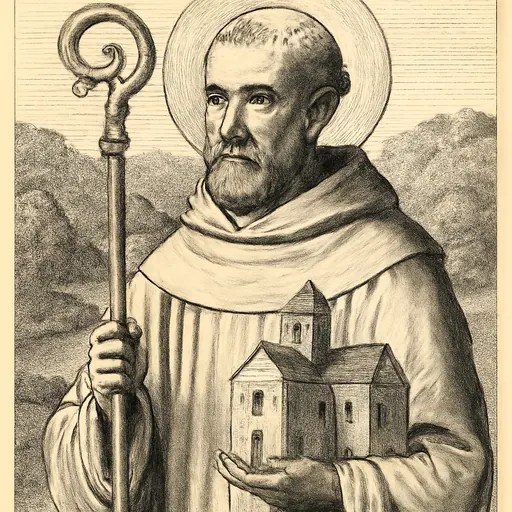 Engraving-style portrait of St. Robert of Newminster as a gentle, gray-bearded Cistercian abbot in a white cowl, holding a crozier and a small model of a stone abbey church