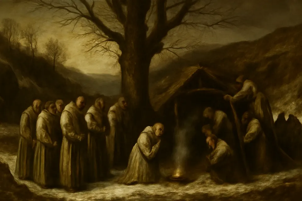 Oil-painting-style scene of a small band of monks sheltering under a great elm in a snowy, wooded Yorkshire valley in the winter of 1132