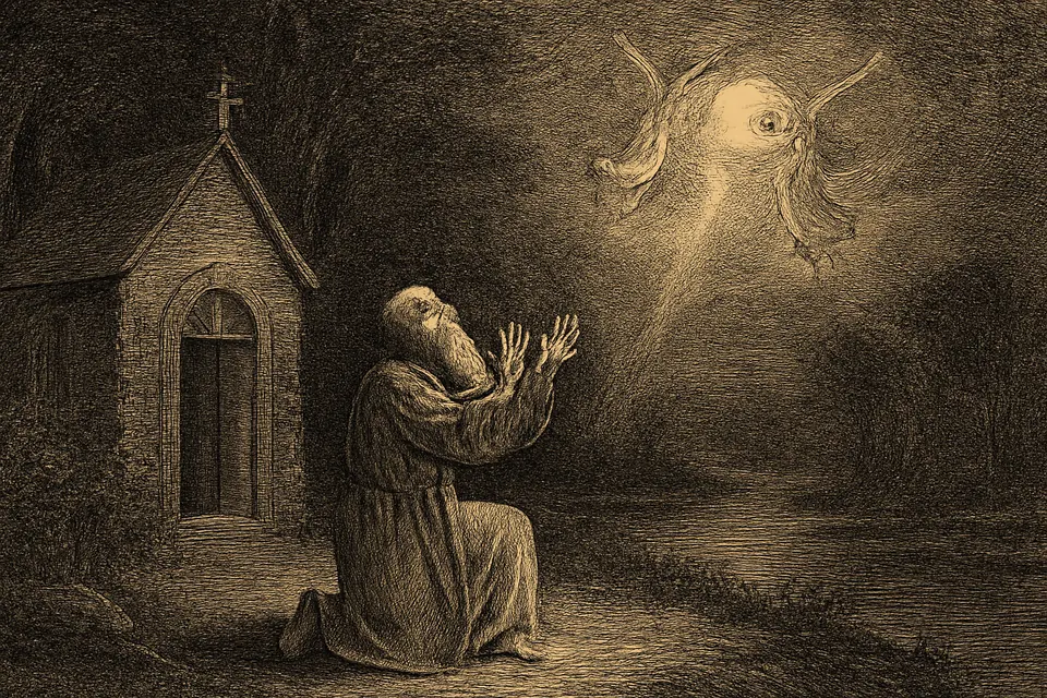 Engraving-style scene of the old hermit St. Godric kneeling in prayer at night in his chapel by a river, looking up at a ball of light carried upward by angels