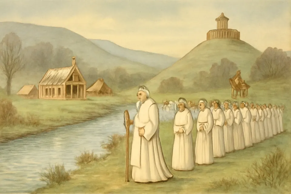 Watercolor-style scene of a Cistercian abbot leading twelve white-robed monks along a river toward a timber monastery being built near a castle mound