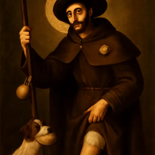 Oil-painting-style portrait of St. Roch as a young bearded pilgrim with a broad hat, staff and cloak, a small dog with a loaf of bread at his side