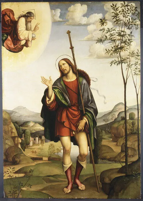 A young pilgrim in a red tunic and dark green cloak, holding a tall staff, stands in a green landscape and points to a sore on his bare thigh while an angel appears in the sky above