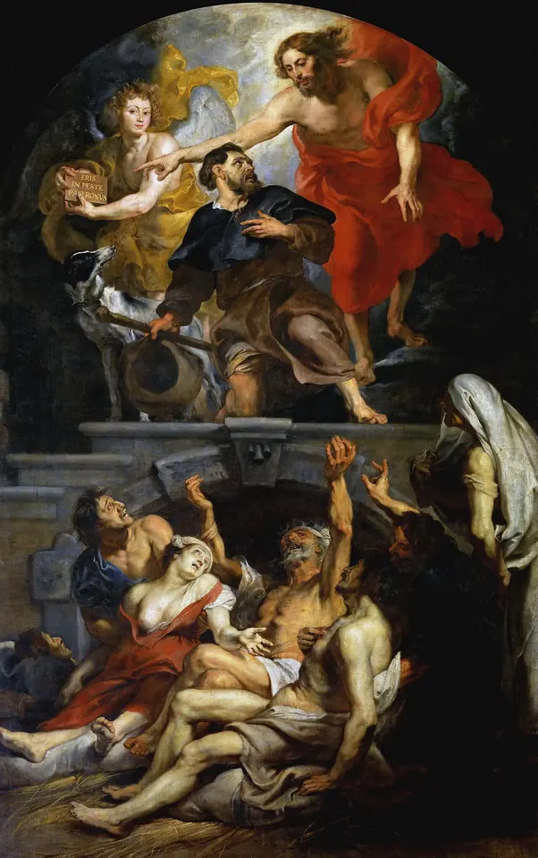 Christ in a red mantle appears in the clouds and gestures to St. Roch kneeling with his dog and an angel, while sick and dying people reach up from a prison below