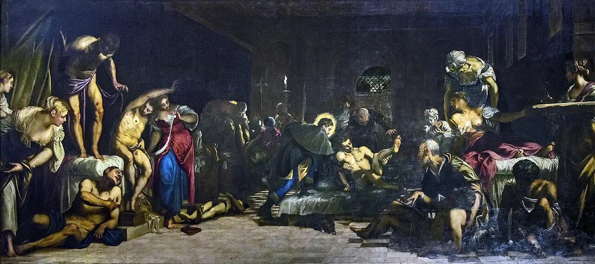 Wide dark painting of a plague hospital, its sick lying on beds and on the floor in raking light, while St. Roch with a halo stands among them blessing a man who shows him his sore