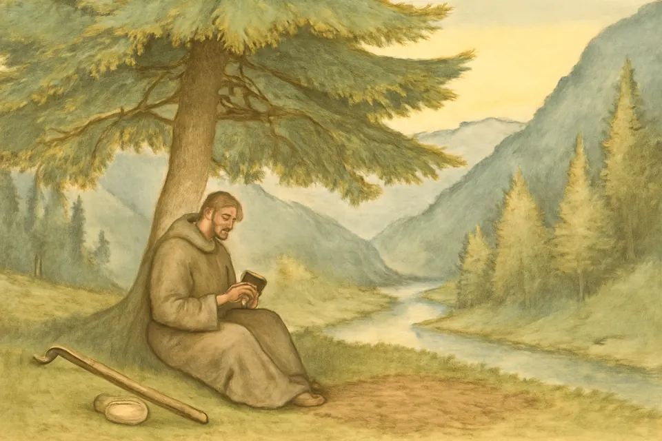 Watercolor-style scene of a hermit reading a book beneath an enormous fir tree in a steep mountain valley where two streams meet