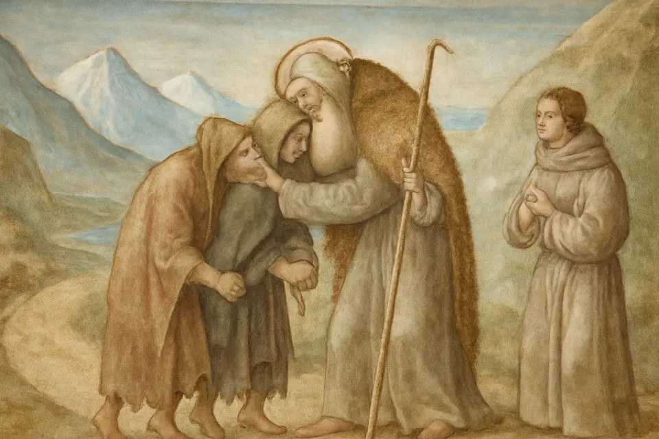 Fresco-style scene of an old monk embracing two men in ragged cloaks with bandaged hands on a mountain road
