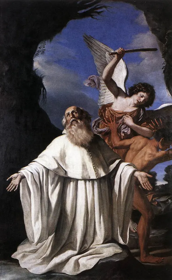 Baroque painting of an old white-bearded monk in a white habit kneeling with open arms while an angel behind him raises a rod against a dark demon