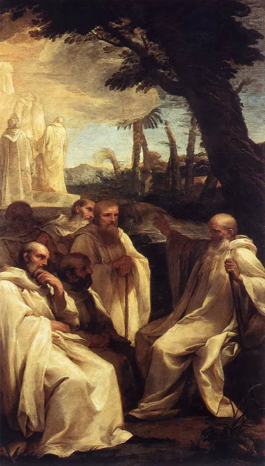 Baroque painting of an old monk in white seated under a tree among his white-robed brothers, pointing to a distant vision of monks climbing toward heaven