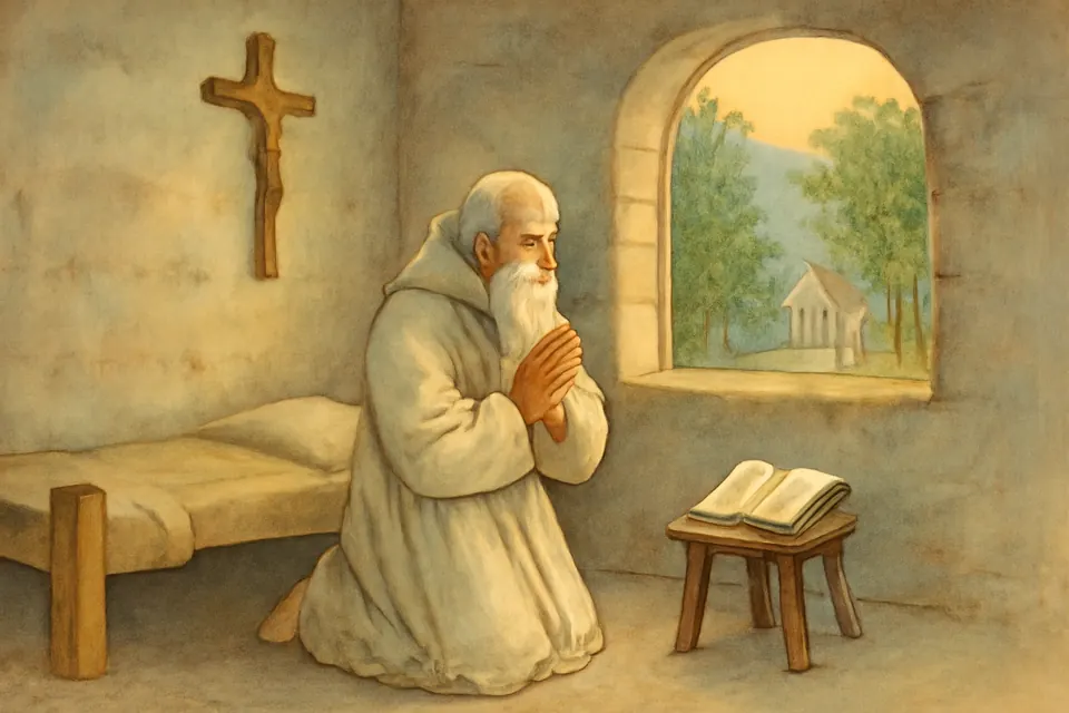 Watercolor-style scene of an aged hermit alone in a small stone cell at dawn, kneeling in prayer beside a plank bed