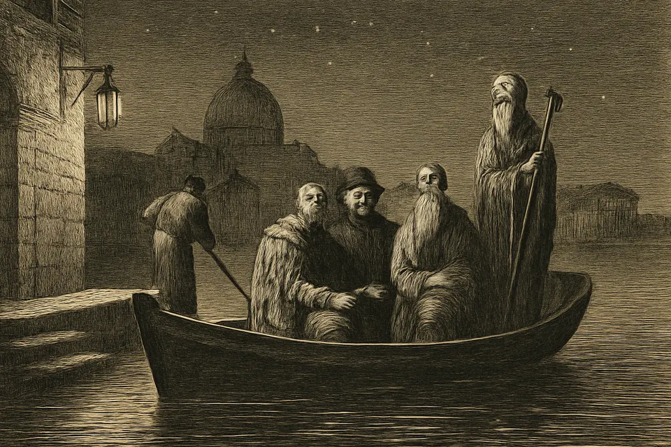 Engraving-style scene of a small boat leaving Venice by night, carrying a richly dressed older man and three monks in plain habits