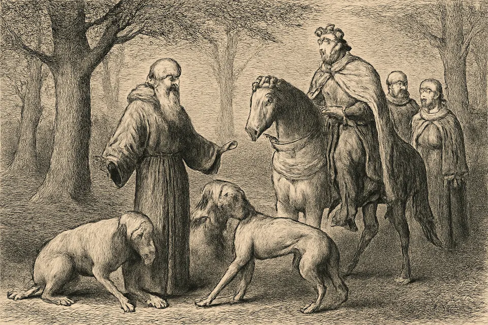 Engraving-style scene of a hermit standing calmly in a forest clearing as a king's hunting hounds fawn at his feet before the astonished king and courtiers