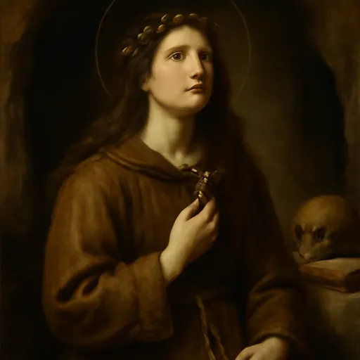 Oil-painting-style portrait of St. Rosalia as a young hermit in a brown habit with a wreath of pink roses in her long hair, holding a small crucifix