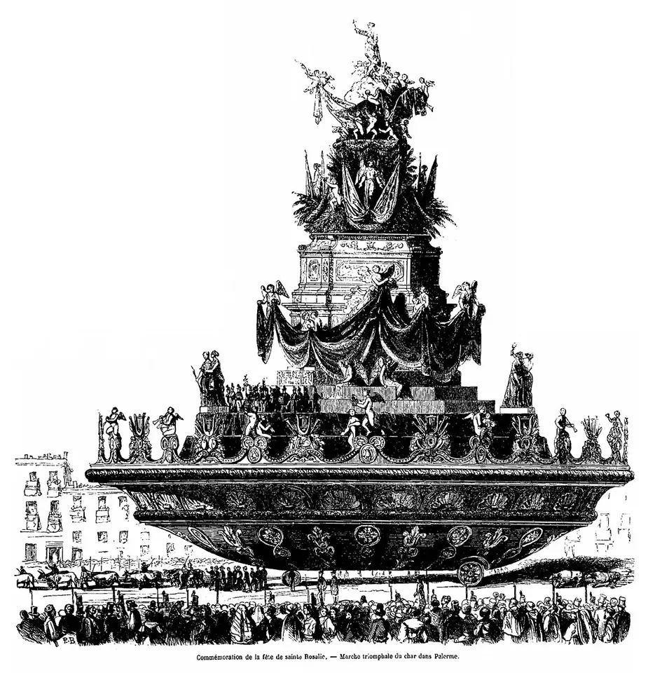 Black-and-white engraving of a towering boat-shaped festival cart, stacked with statues and draperies, pulled through a packed square in Palermo