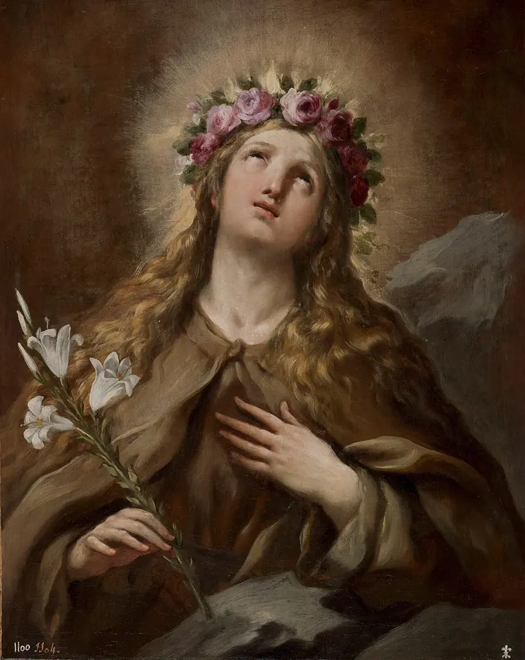 Half-length painting of St. Rosalia with long golden hair crowned with pink roses and a halo, holding a lily and laying her hand on her heart