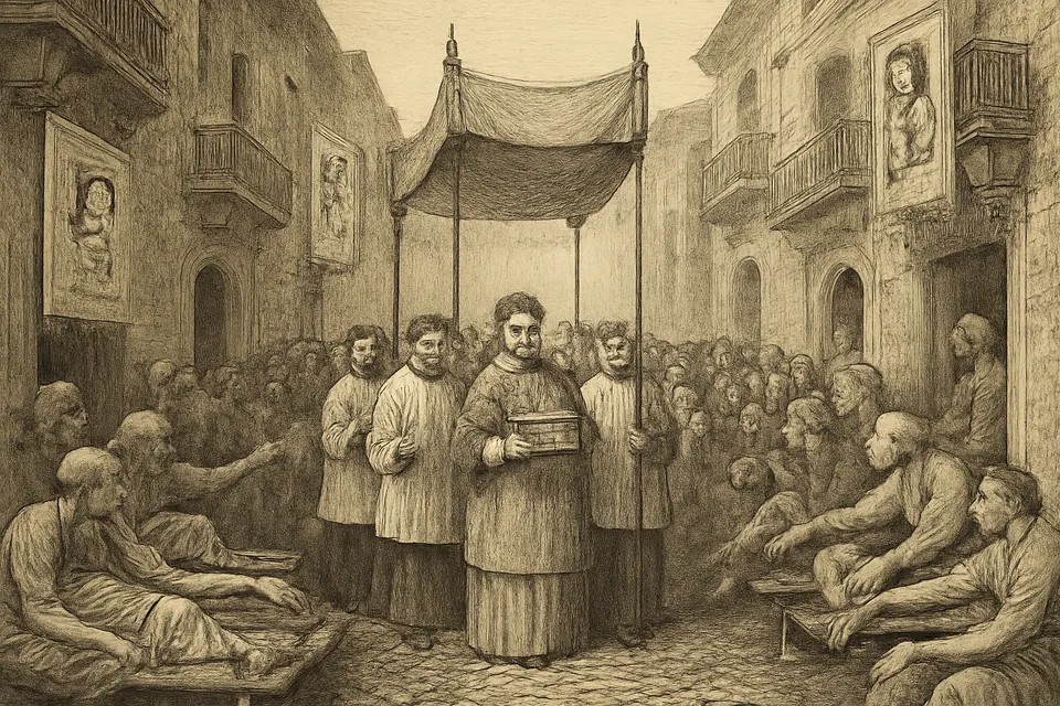 Illustration of a crowd in 17th-century Palermo following clergy who carry a silver reliquary chest through the streets, while sick people are carried to their doors