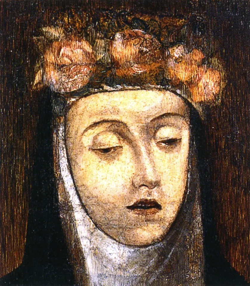 Close-up painting of the pale face of a young woman with closed eyes, wearing a white wimple, black veil and a crown of pink and red roses