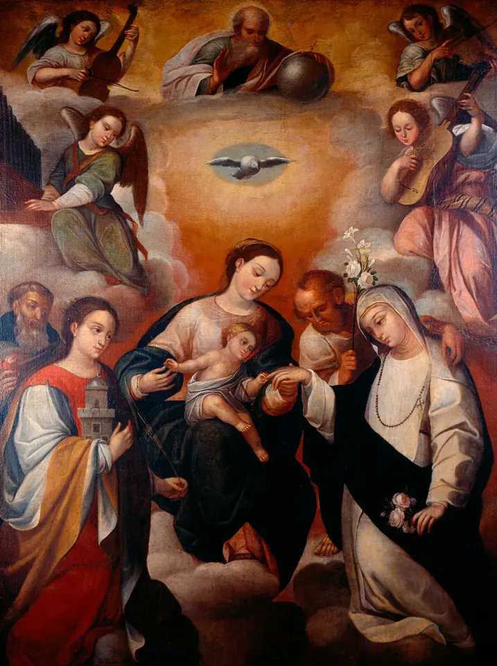 Colonial painting of the Virgin Mary in a blue mantle holding the Child Jesus, who reaches toward St. Rose kneeling in her black and white habit, among angels and clouds