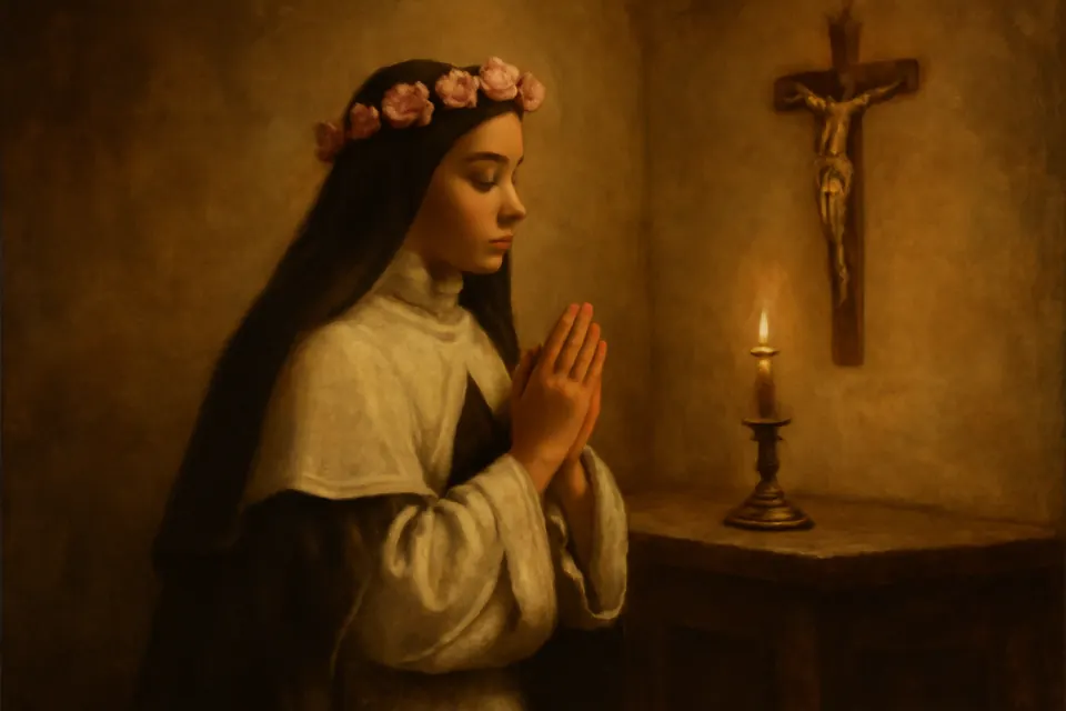 Ilustración en estilo óleo de Santa Rosa de Lima con hábito dominico, velo negro y corona de rosas, rezando con las manos juntas