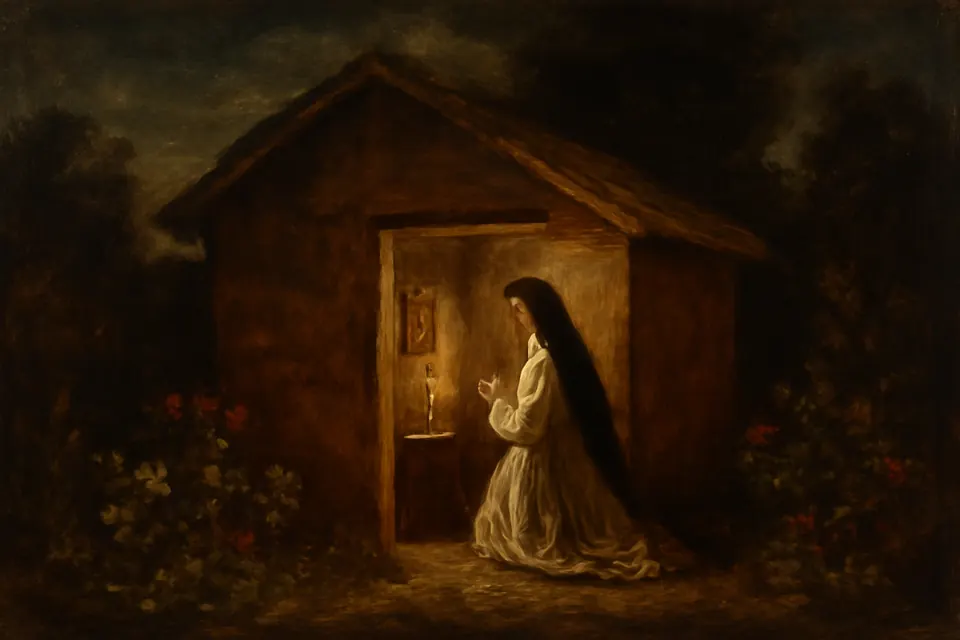 Illustration of St. Rose kneeling in prayer at night inside the tiny hermitage her brother built in the family garden