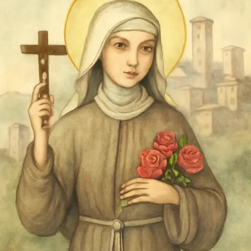 Fresco-style portrait of St. Rose of Viterbo, a thin teenage girl in a plain gray Franciscan habit with a knotted cord, holding a small crucifix and roses