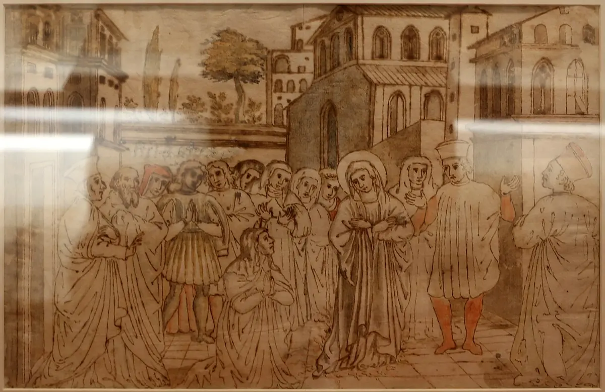 Faded brown ink-and-wash drawing of a crowd in a town square watching a young girl standing calmly in the middle of a fire