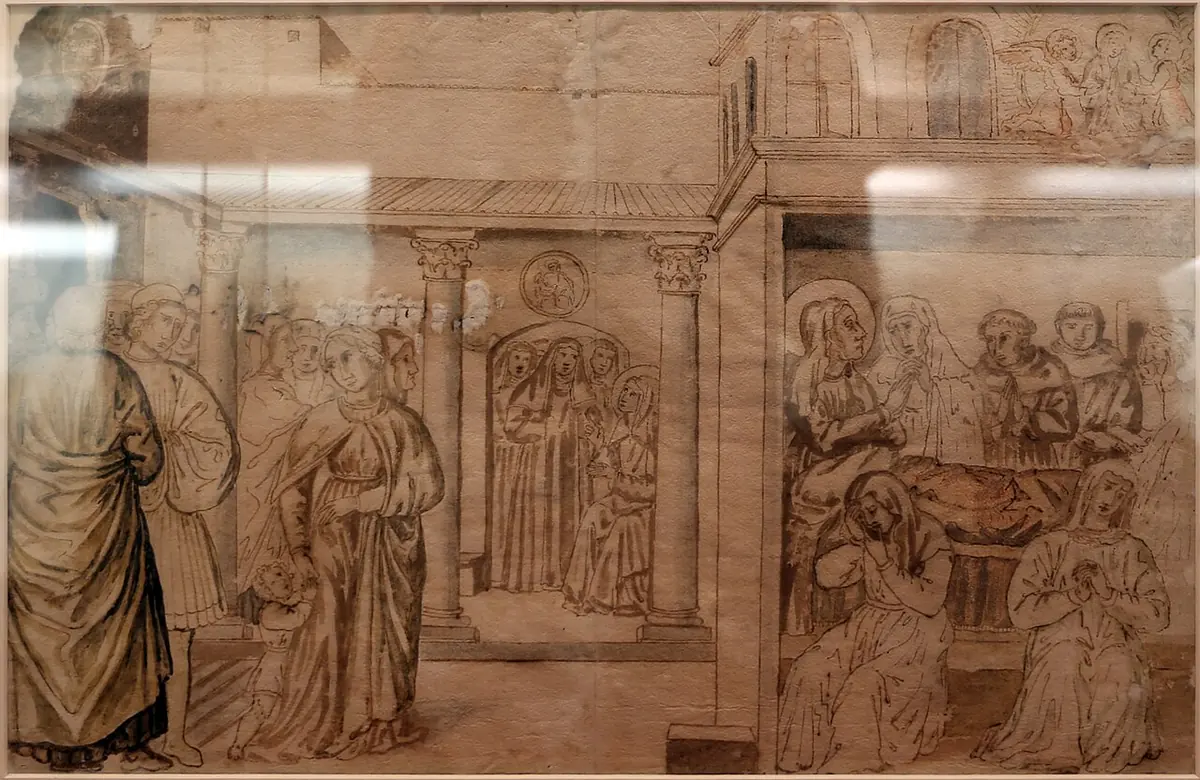 Ink-and-wash drawing in two scenes, at left a girl turned away at a convent door, at right a young woman lying on her deathbed surrounded by mourners