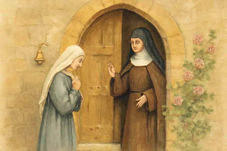 Watercolor-style illustration of Rose standing humbly at the gate of a convent of Poor Clares as an abbess turns her away