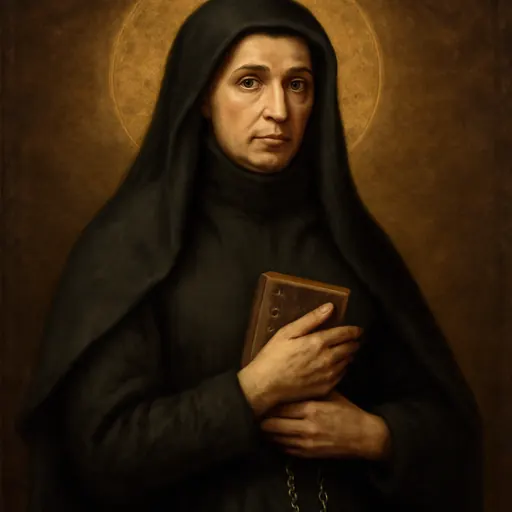 Oil-painting-style portrait of St. Rose Venerini as a woman in her forties with a long, serious face, in a black dress and a dark hooded veil, holding a small book