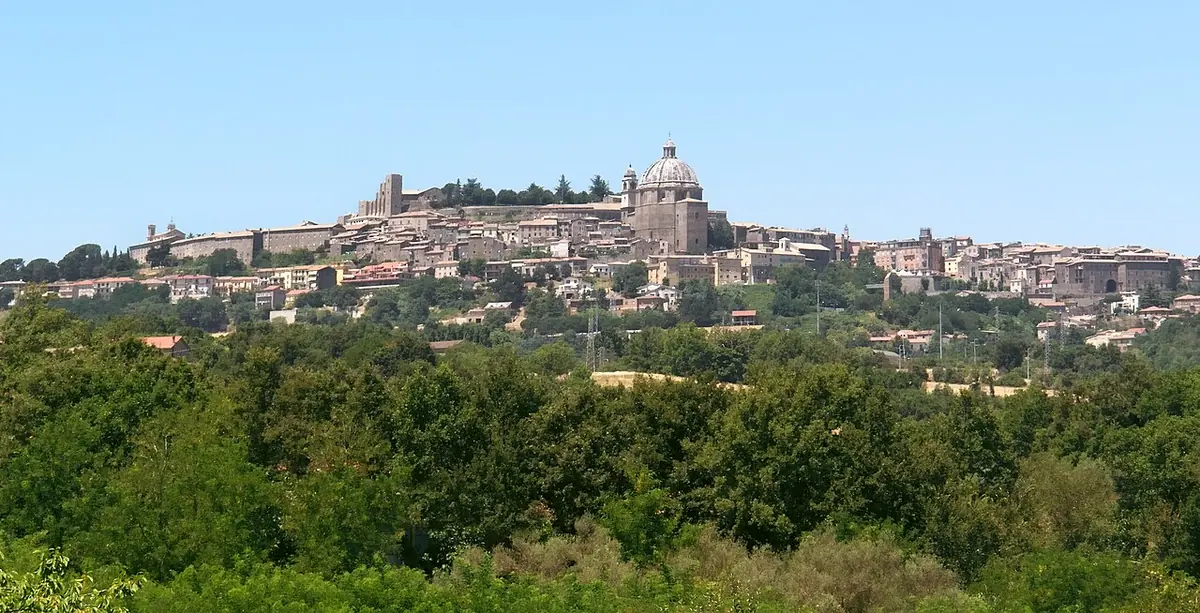 A hilltop town in central Italy crowned by a large domed cathedral, seen across green woods under a blue sky