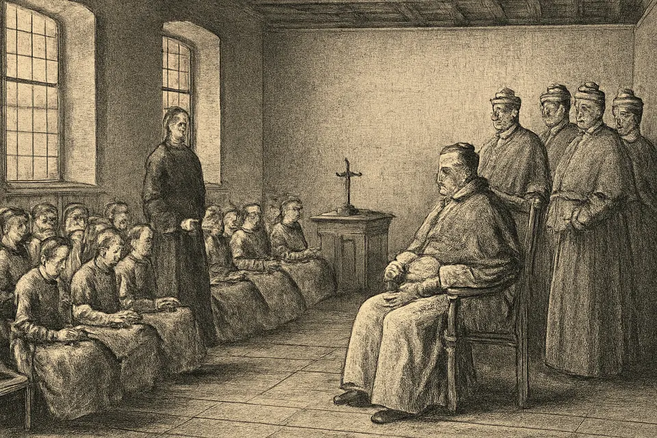 Engraving-style scene of Pope Clement XI and cardinals watching a lesson at a girls' school in Rome in 1716, as a woman teacher stands with her pupils