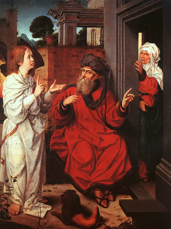 Flemish painting of an old bearded Abraham in a red robe and fur hat seated before a house, speaking with a young angel in white, while Sarah in a white veil listens at the doorway behind him