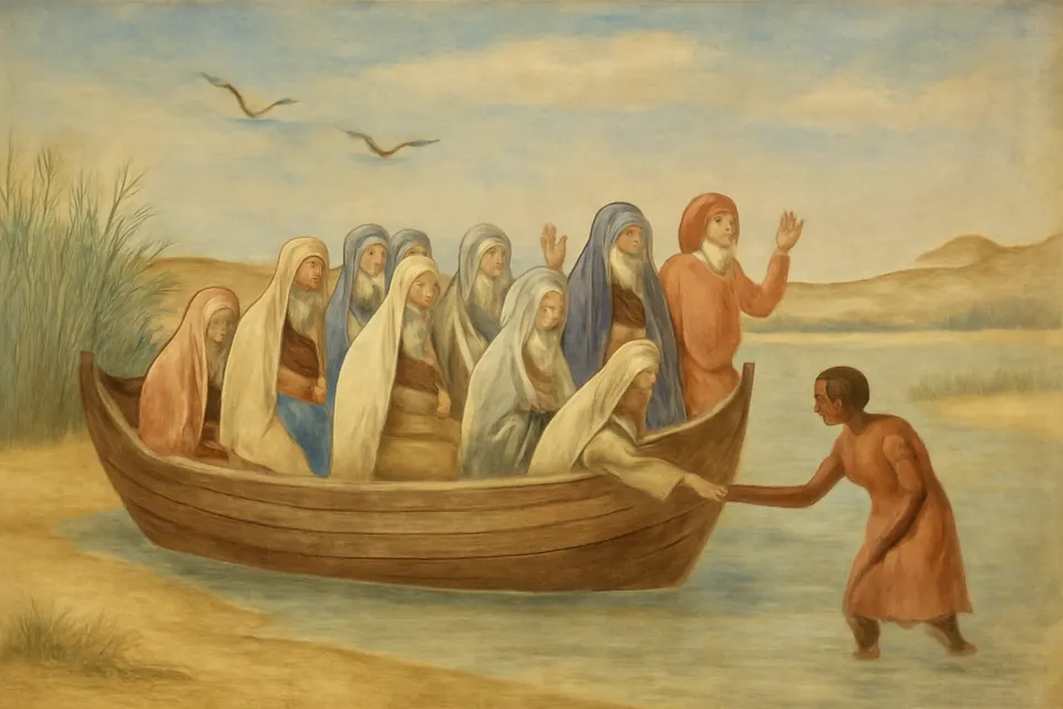 Fresco-style scene of a small boat without sails or oars landing on a marshy beach, where a dark-skinned woman wades out to welcome the veiled holy women inside it