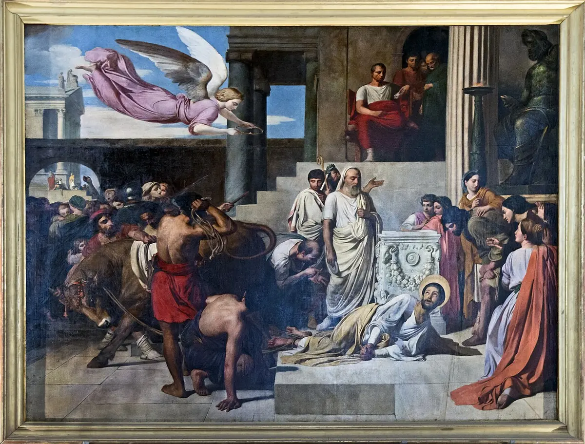 Painting of an old bishop fallen on temple steps among a crowd as men force a bull forward, with an angel flying overhead bearing a crown