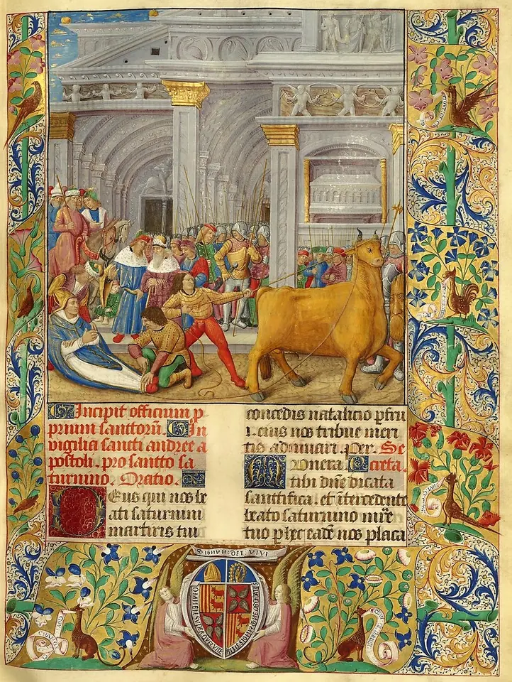 Illuminated missal page with a painting of a crowd in a columned hall as a golden bull drags a bishop down the steps, above two columns of Latin text and a flowered border