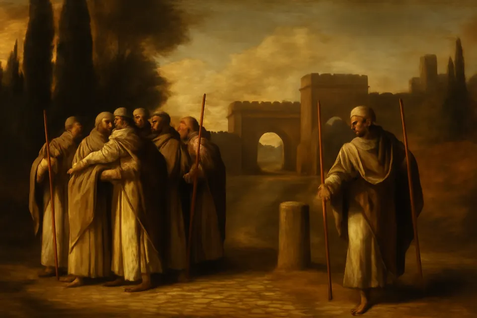 Oil-painting-style illustration of seven early bishops in simple robes setting out from Rome on a road toward the north