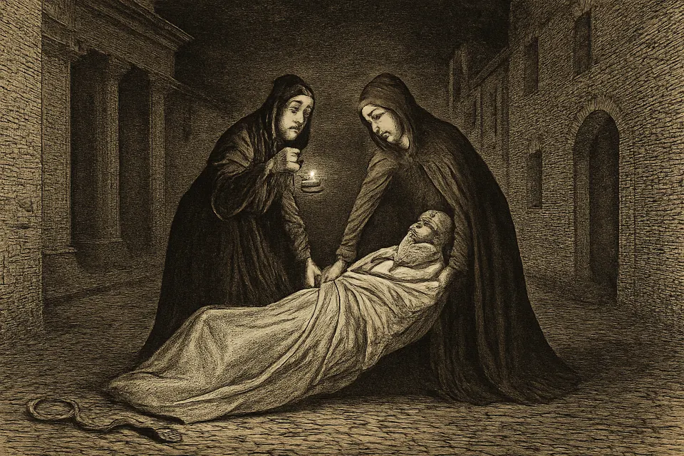 Engraving-style illustration of two young women at night lifting the body of an old bishop, covered with a cloth, from a city street