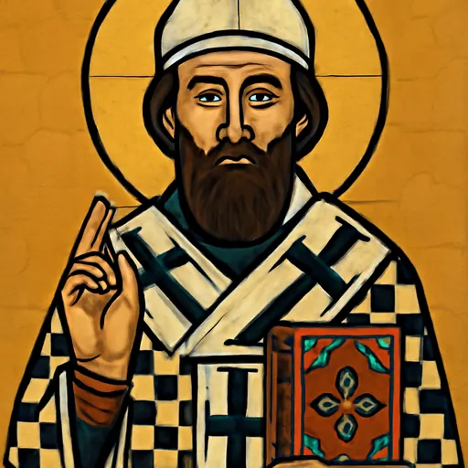 Icon-style portrait of St. Sava as a dark-bearded archbishop in white vestments marked with black crosses, holding a Gospel book