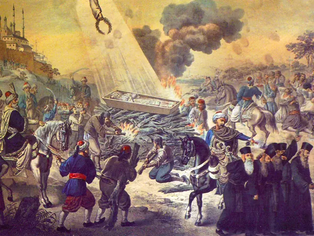 Colorful lithograph of Ottoman horsemen around a bonfire where an open coffin burns, while monks and Serbian peasants kneel and weep and a beam of light falls from the sky