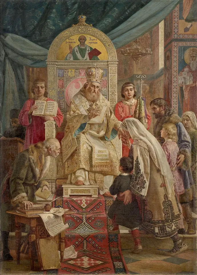 Painting of St. Sava enthroned in archbishop's vestments, blessing a group of children in Serbian folk dress who come forward with their mothers