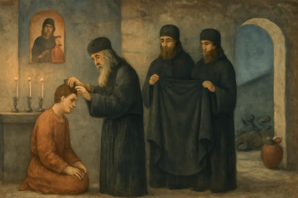Fresco-style illustration of the young prince Rastko receiving monastic tonsure by candlelight in an Athonite church while soldiers sleep outside