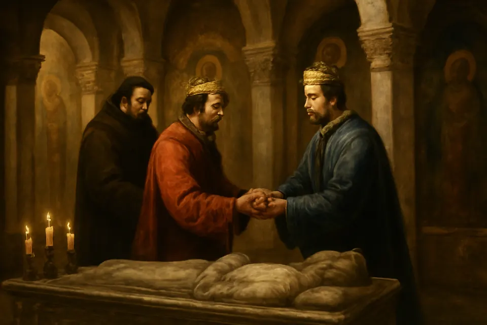 Oil-painting-style illustration of St. Sava standing between his two quarreling royal brothers beside their father's tomb in a monastery church