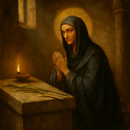 Oil-painting-style portrait of St. Savina of Milan, a Roman noblewoman in a dark widow's veil, kneeling in prayer beside a stone tomb