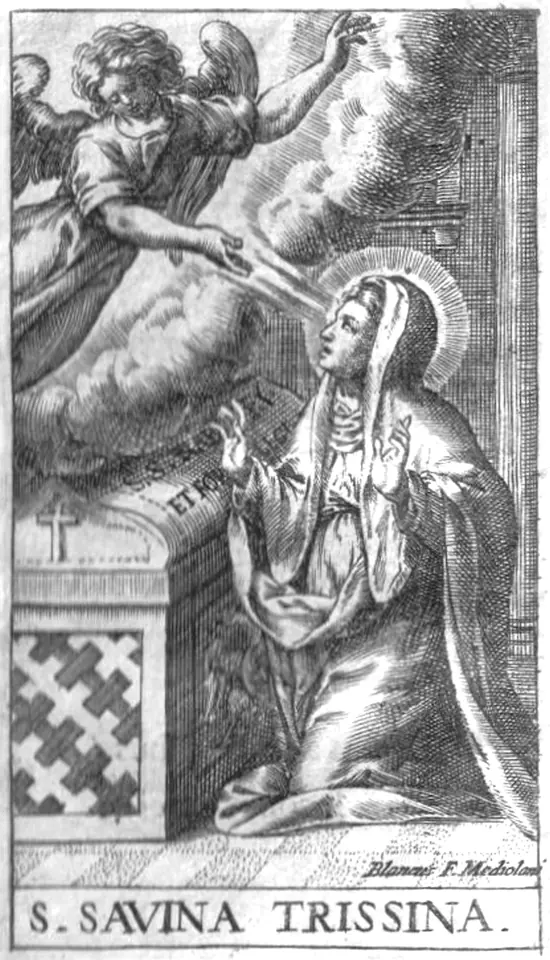 Old engraving of a veiled woman with a halo kneeling beside a tomb marked with a cross and a checkered coat of arms, an angel reaching down to her from the clouds