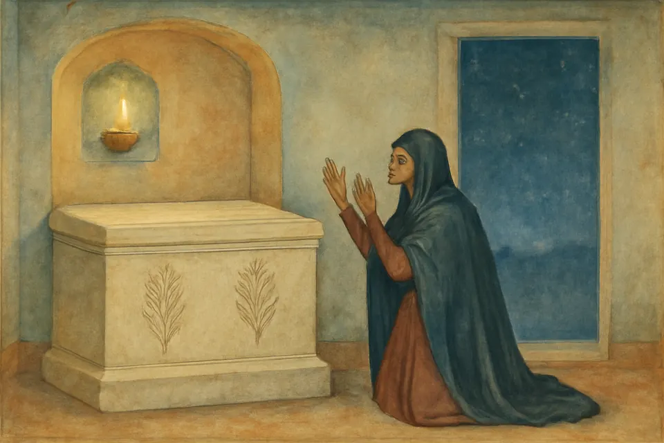 Fresco-style scene of an elderly widow kneeling by lamplight before the tomb of two martyrs in a small chapel at night