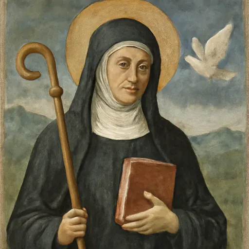 Oil-painting-style portrait of St. Scholastica as a middle-aged nun in a black Benedictine habit and veil, holding a book and an abbess's crozier, with a white dove above her shoulder