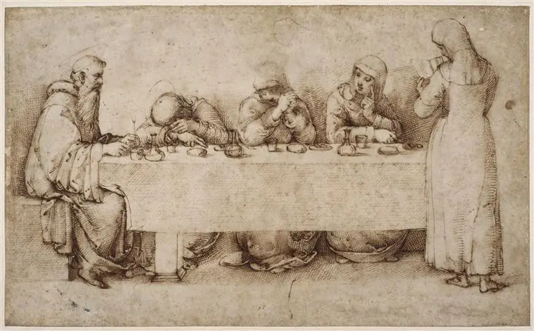 Brown ink drawing of monks and nuns seated along a long table, some resting their heads on their arms, while a nun stands at the right