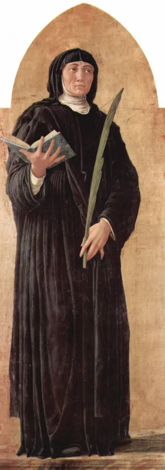 Panel of a standing nun in a black habit and white wimple on a gold ground, holding an open book and a palm